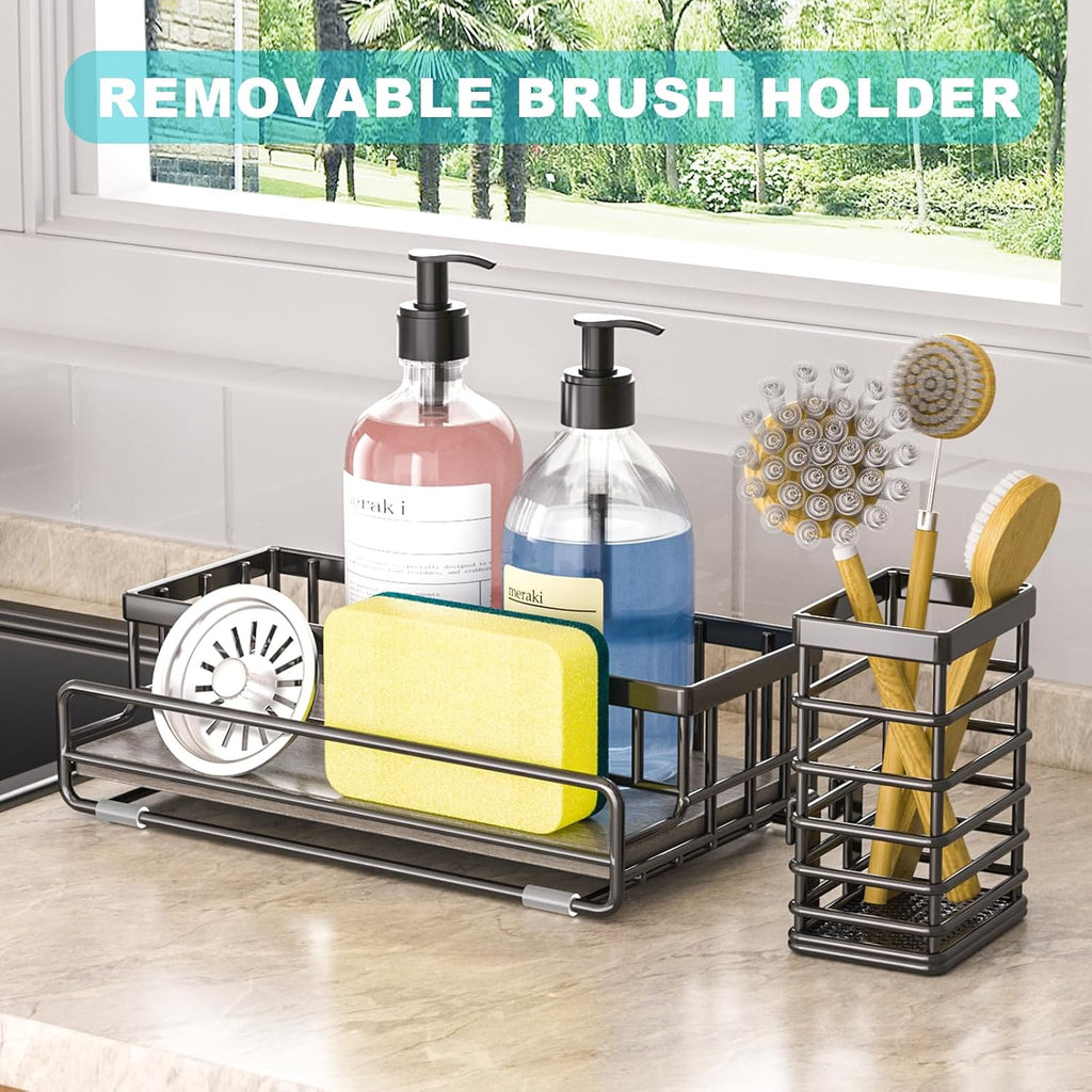 Large Family-Sized Sponge Holder for Kitchen Sink Organizer (Black) | Sink Caddy with Instant Drying Stone, Stainless Steel Sponge Holder for Sponges, Scrubbers, Soap, Home Countertop Organizer - view 6