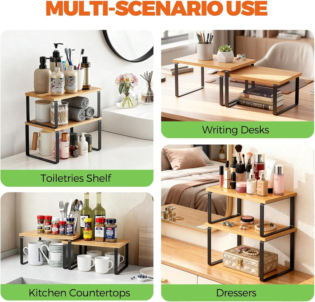 Cabinet Organizer Shelf, Kitchen Counter Shelf, Pantry Storage Riser | 4 Pack Ink Black & Natural Beige Shelves with Metal Legs, Stackable Countertop Risers for Kitchen, Pantry & Cabinet Storage - view 6