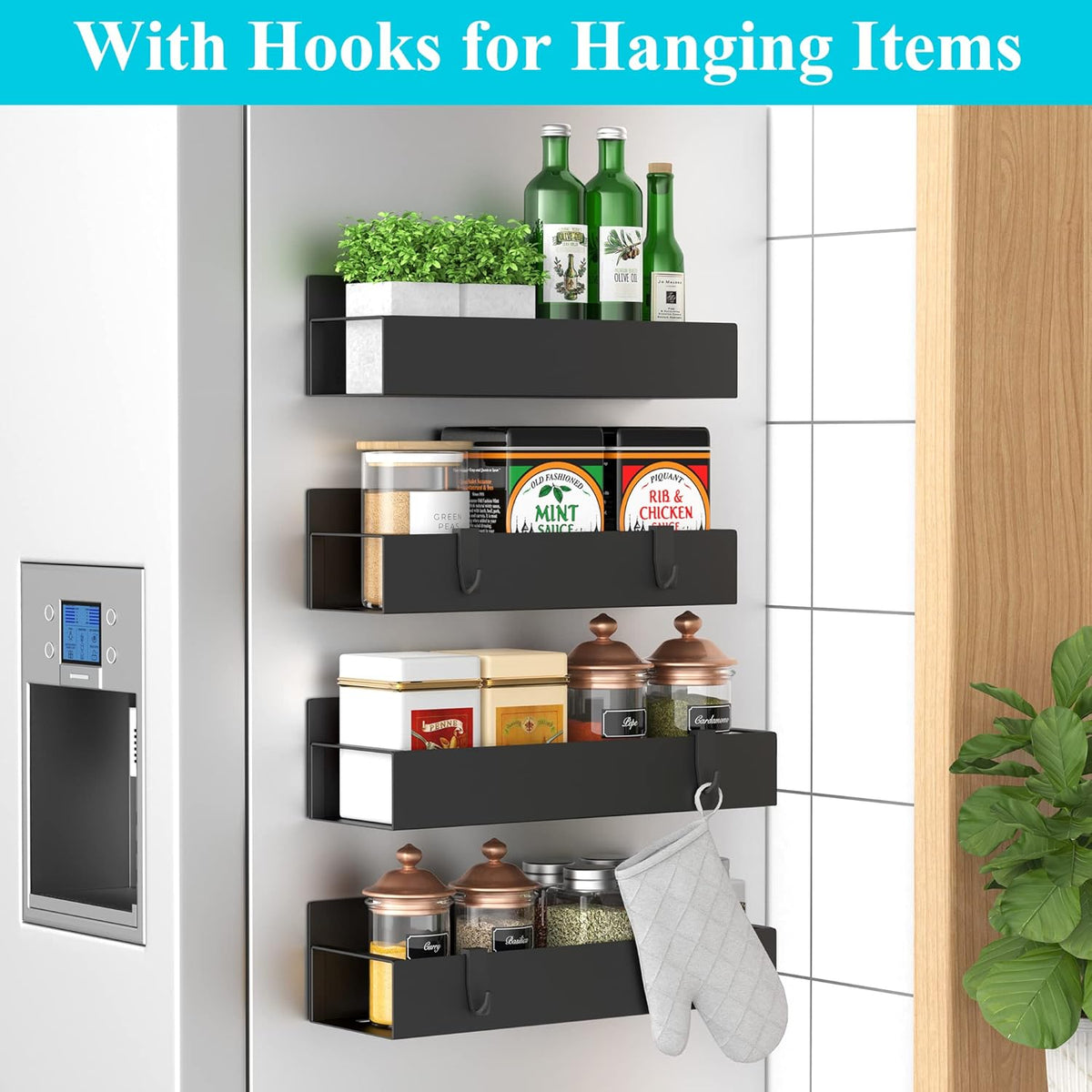 HuggieGems Metal Magnetic Spice Rack for Refrigerator Black, 4 Pack | Magnetic Shelves Heavy Duty for Fridge in Kitchen, Seasoning Storage Organizer, For Oven Washer and Dryer, For Heavier Items - view 2