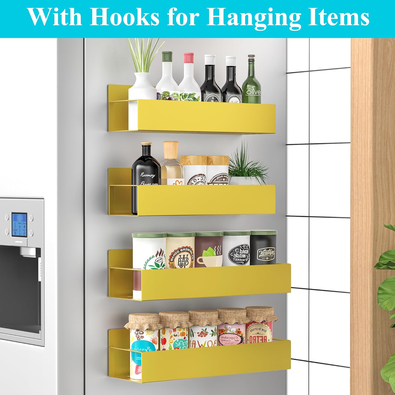 4 Pack Magnetic Spice Storage Rack Organizer for Refrigerator and Oven, Gold Fridge Organizers and Storage - view 2