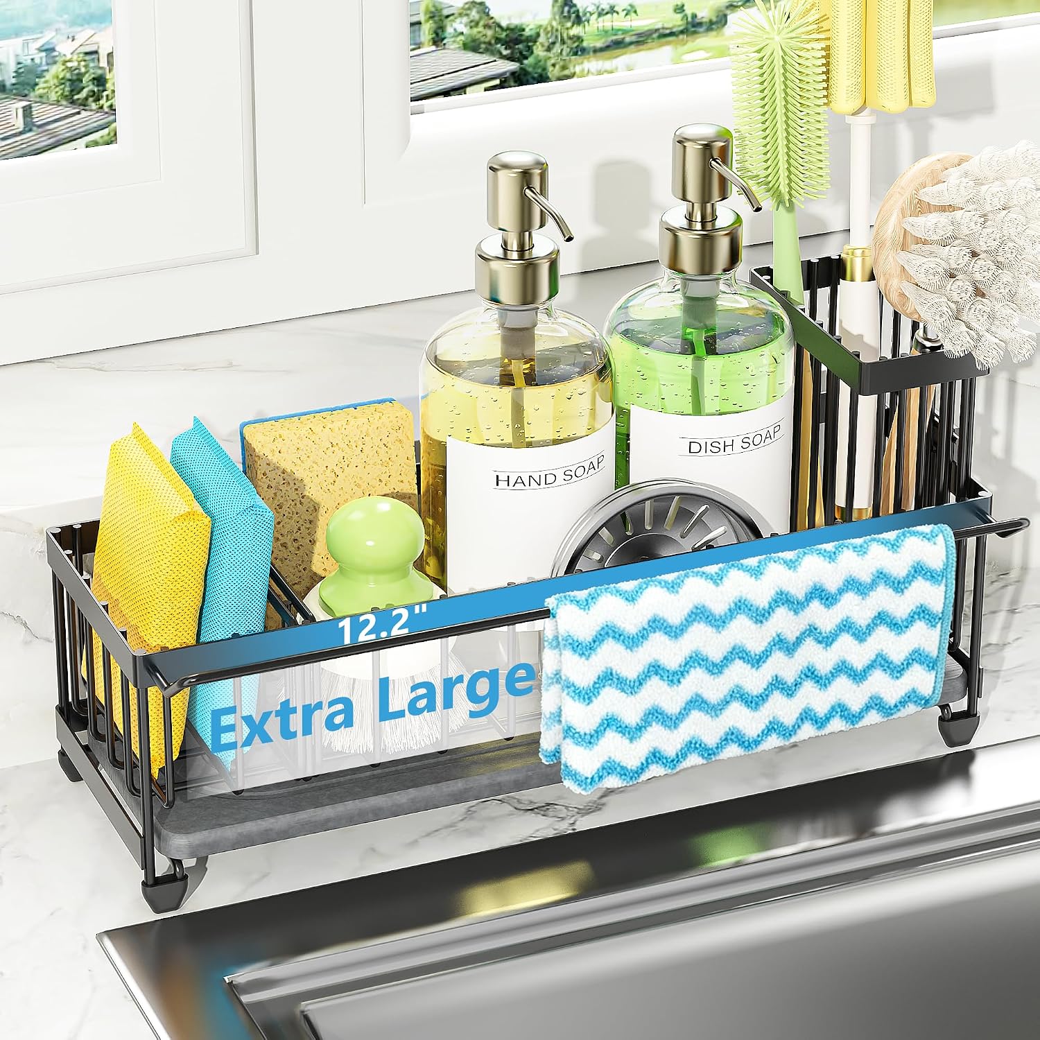 Extra Large Sink Caddy Organizer with Drying Stone, Black Sponge Holder for Kitchen, Dish Brush Holder for Countertop, Kitchen Decor Storage and Essentials - view 8