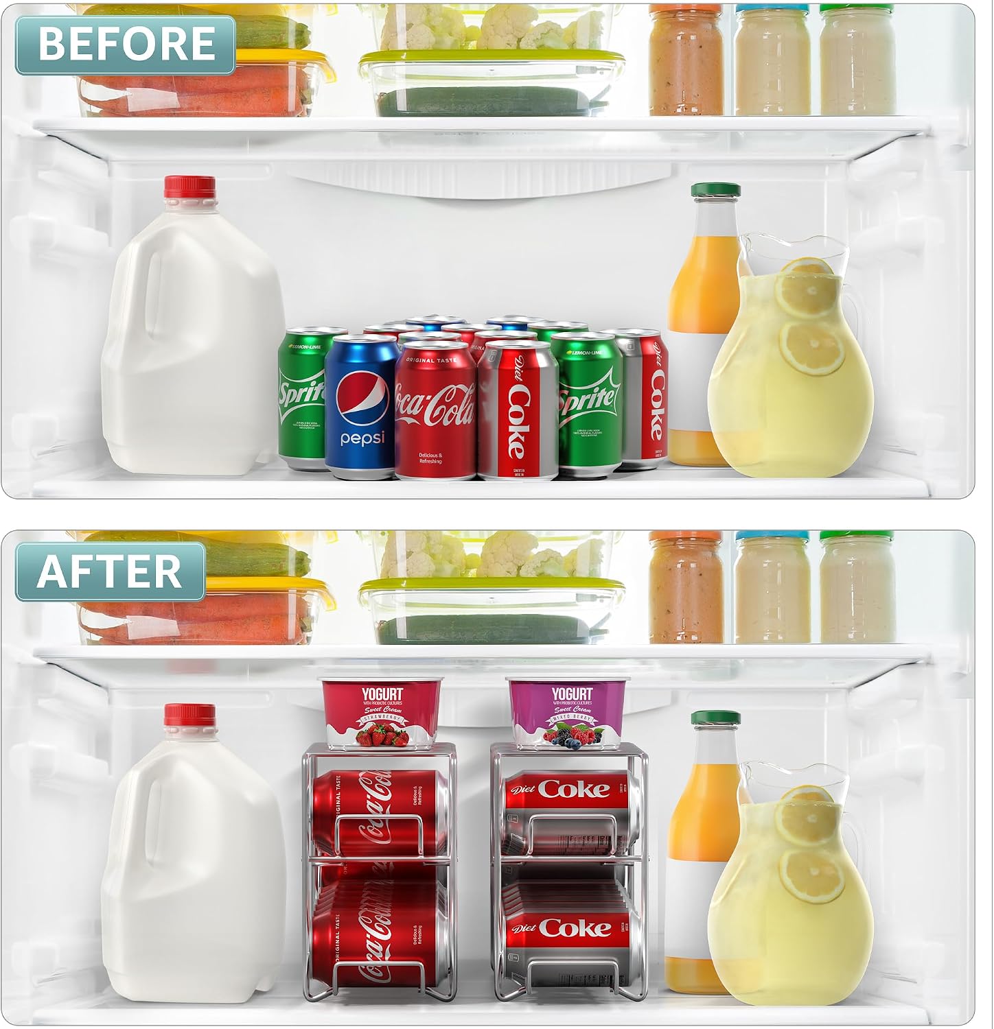 Soda Can Rack Beverage Dispenser 12 Can Dispenser Organizer for Refrigerator (2 Pack, Silver) - view 6