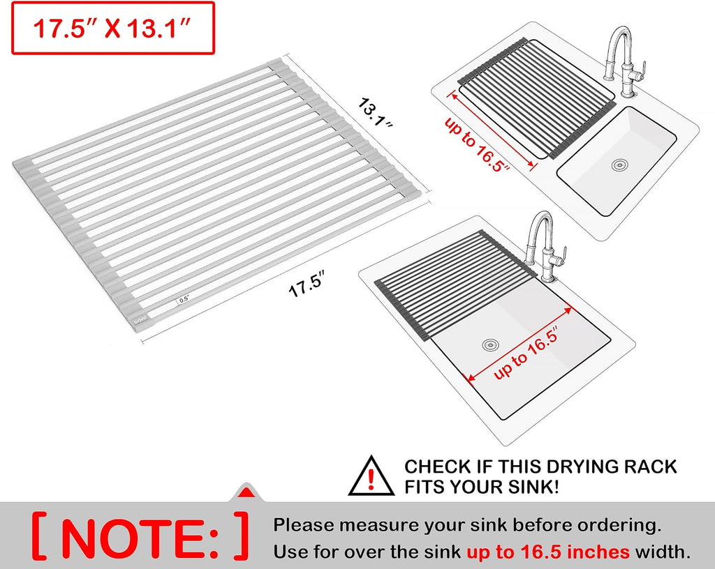 17.5 x 13.1 Inch Roll-Up Dish Drying Rack, Fits Across Sink Openings up to 16.5 Inches, Heavy-Duty Premium Silicone, Strong Support, Non-Slip, Heat-Resistant, Warm Gray - view 2