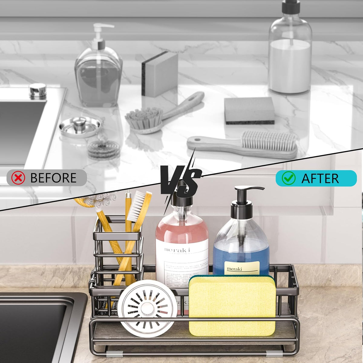 Large Family-Sized Sponge Holder for Kitchen Sink Organizer (Black) | Sink Caddy with Instant Drying Stone, Stainless Steel Sponge Holder for Sponges, Scrubbers, Soap, Home Countertop Organizer - view 7