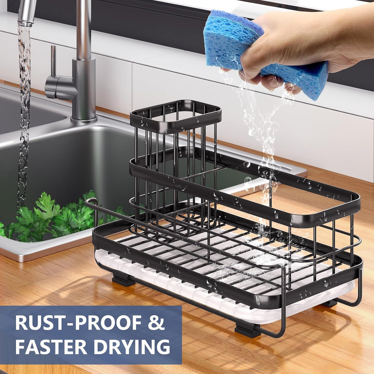 Trendy Sink Caddy Kitchen Organizer, Non-Slip Dish Soap Dispenser Rack with Drain Tray, Rustproof Brush Holder for Countertop Storage (Matte Black) - view 6