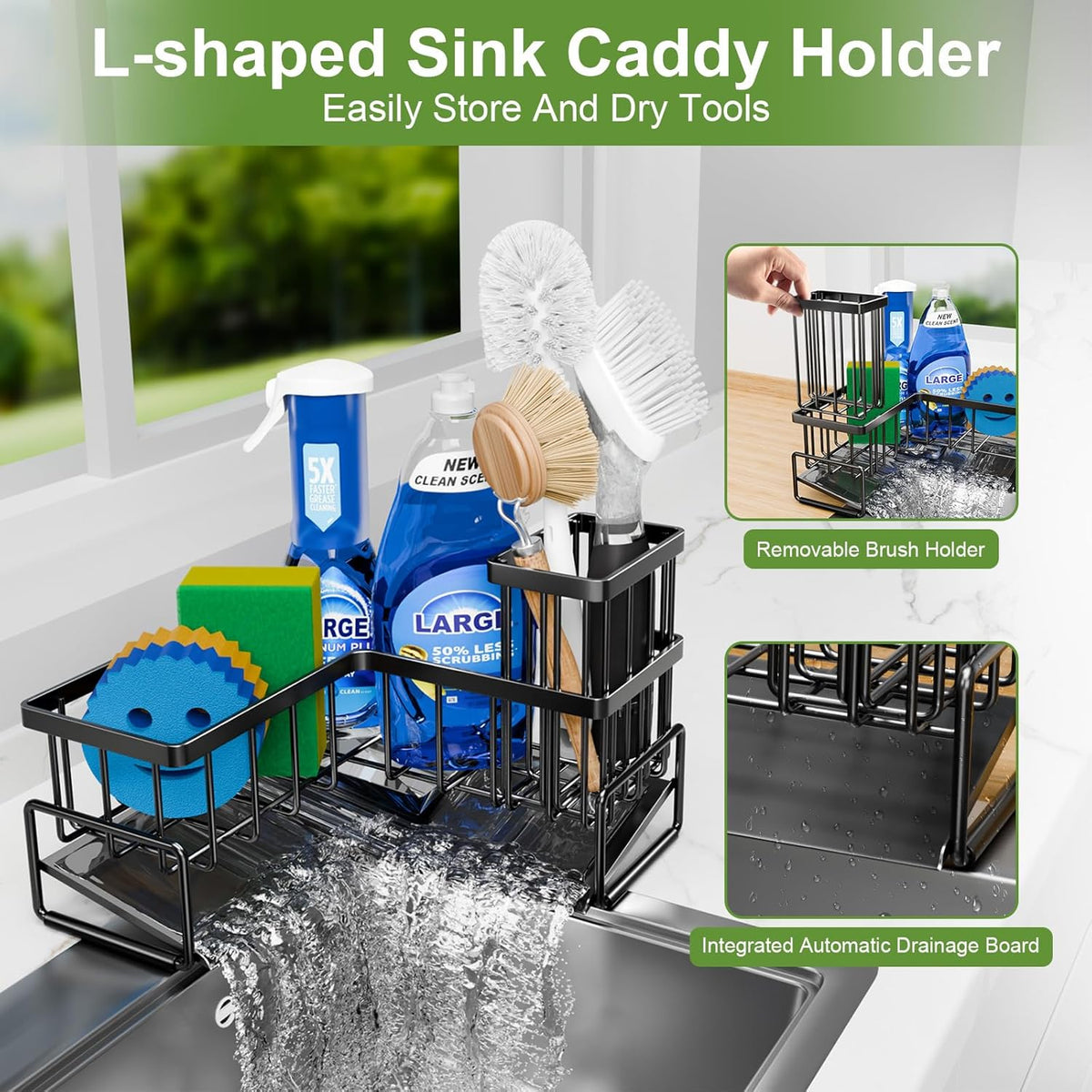 Large Sponge Holder for Kitchen Sink, 90-Degree Sink Caddy Storage | Self Draining Sponge Rack for Countertop, Metal L-Shaped Dish Soap Organizer with Brush Holder, Corner Sink Storage Ideas - view 3
