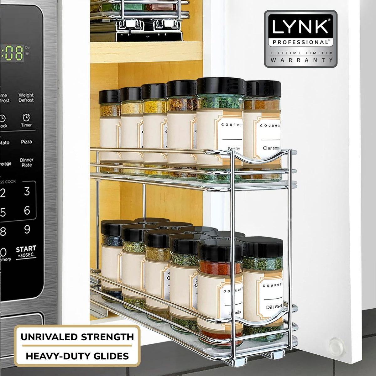 LYNK PROFESSIONAL Pull Out Spice Organization for Cabinets - 4-3/8 inch Wide – Spice Rack for Inside Cabinets, Slide Out Spice Rack Organizer for cabinet – Pull Out Spice Rack, Sliding 2 Tier Chrome - view 7