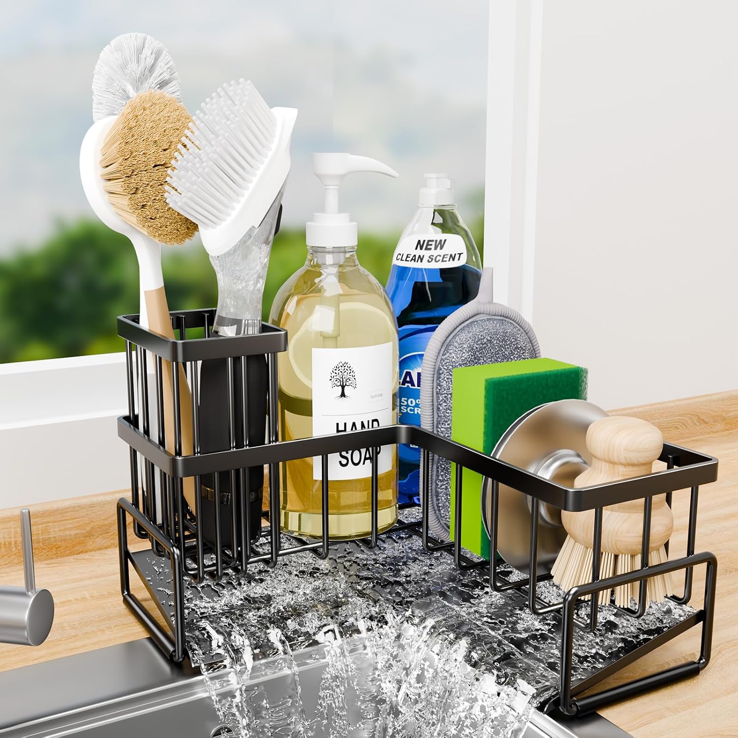 Kitchen L-Shaped Sponge Holder - Large Metal Sponge Sink Caddy | Black Metal Corner Sponge Caddy, Sloped Drain Tray for Sink, Kitchen Countertop Organizer Holds Soap Brush Sponge Non-Slip