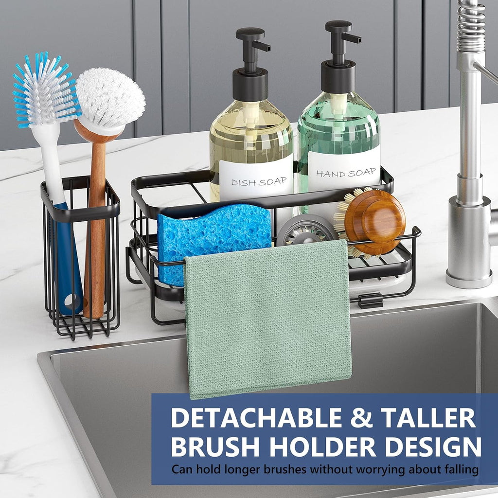Trendy Sink Caddy Kitchen Organizer, Non-Slip Dish Soap Dispenser Rack with Drain Tray, Rustproof Brush Holder for Countertop Storage (Matte Black) - view 3
