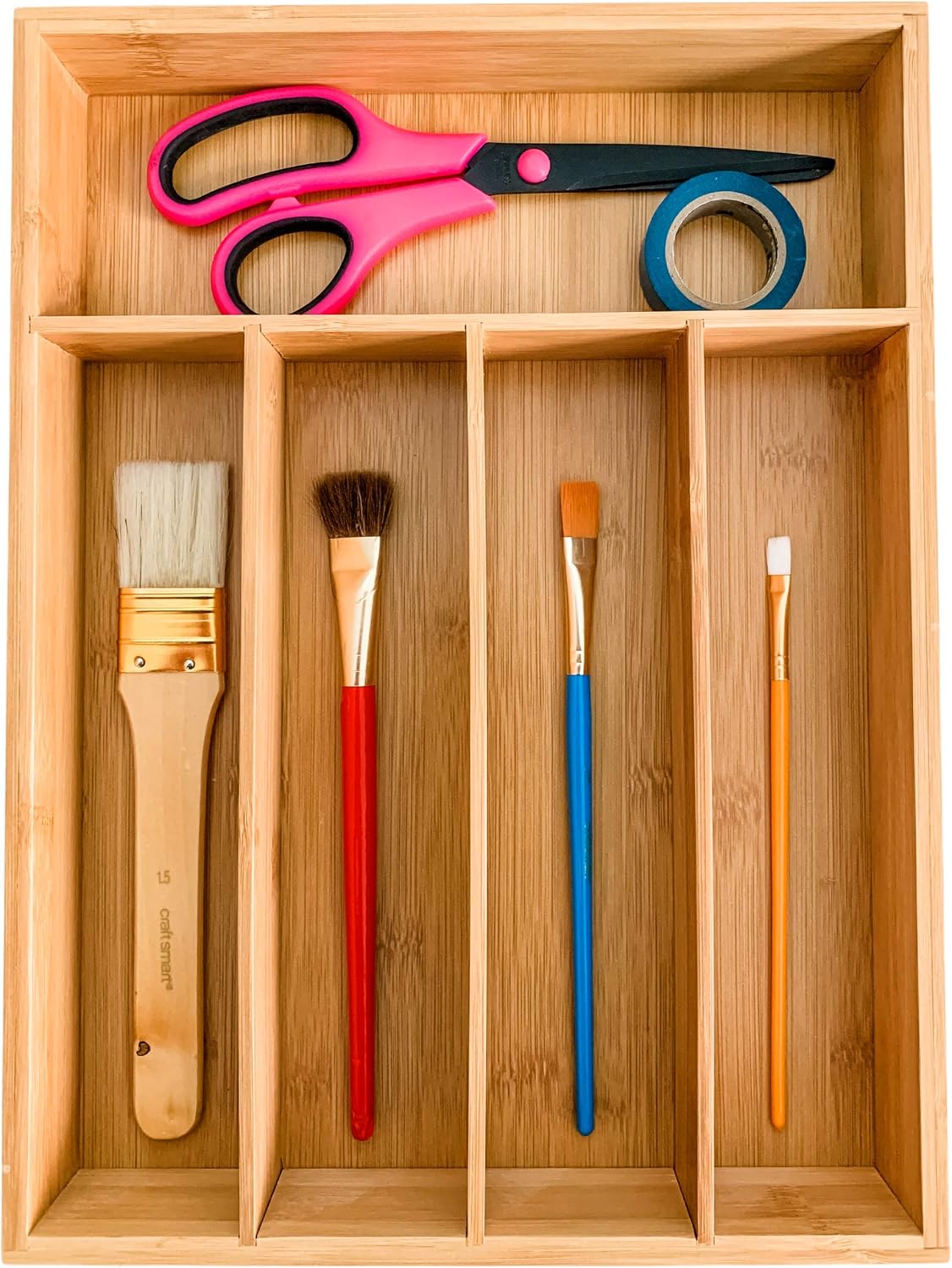 Drawer Organizer 100% Organic Bamboo| Premium Cutlery and Utensil Tray| Perfect For The Kitchen, Bathroom, Desk, etc.| Kitchen Drawer Divider with 5 Compartments - view 2
