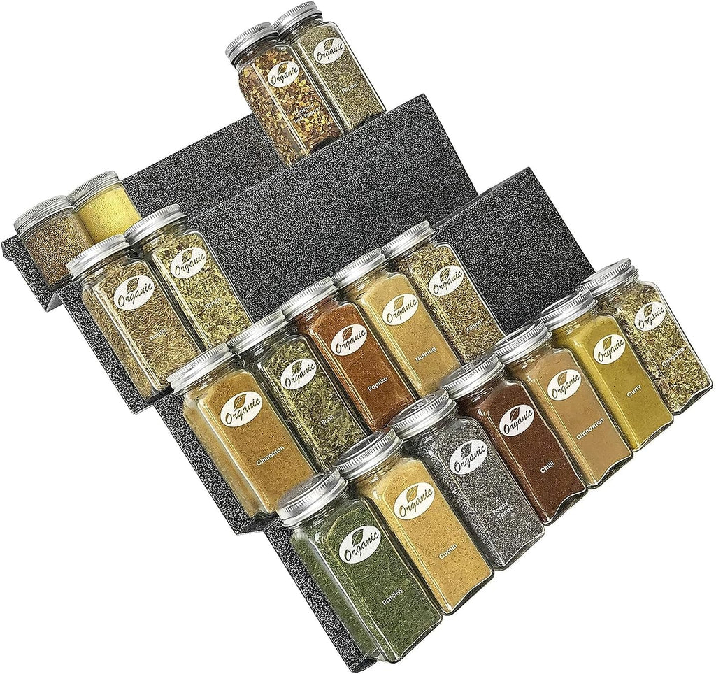 Spice Drawer Organizer - Heavy Gauge Steel 4 Tier Rack - Drawer Insert Tray for Jars, Herbs and Seasoning - Kitchen Cabinet Storage - Silver Metallic, Large