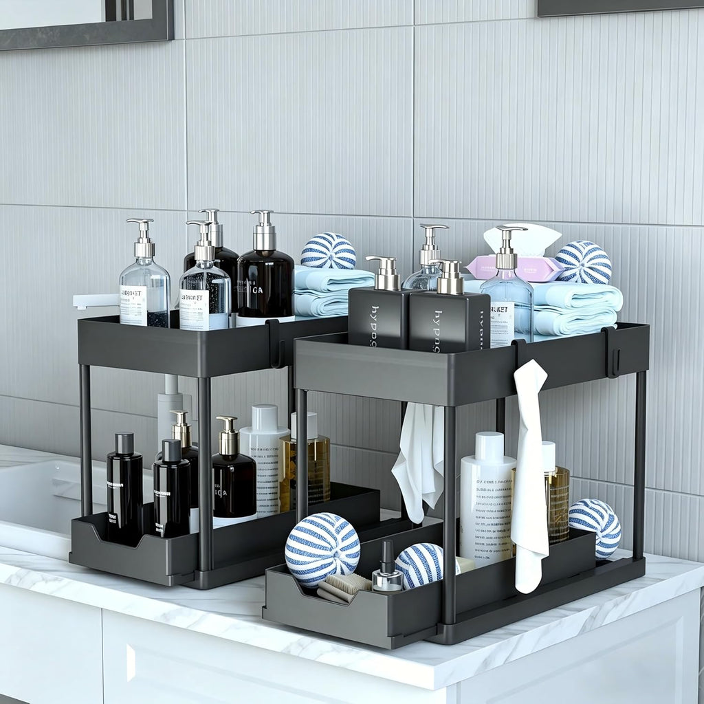 Under Sink Organizer 2 Pack, Bathroom Cabinet Organizer, 2 Tier Sliding Cabinet Basket Organizer Drawer, Multi-Purpose Bath Collection Baskets for Bathroom (Black) - view 3