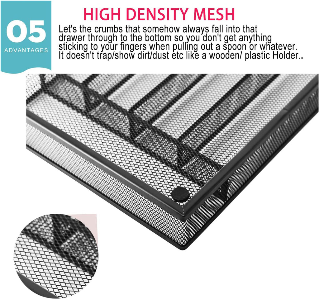 Utensil drawer organizer, cutlery tray silverware flatware storage divider for kitchen, mesh wire with non-slip foam feet, 5 component, black - view 7