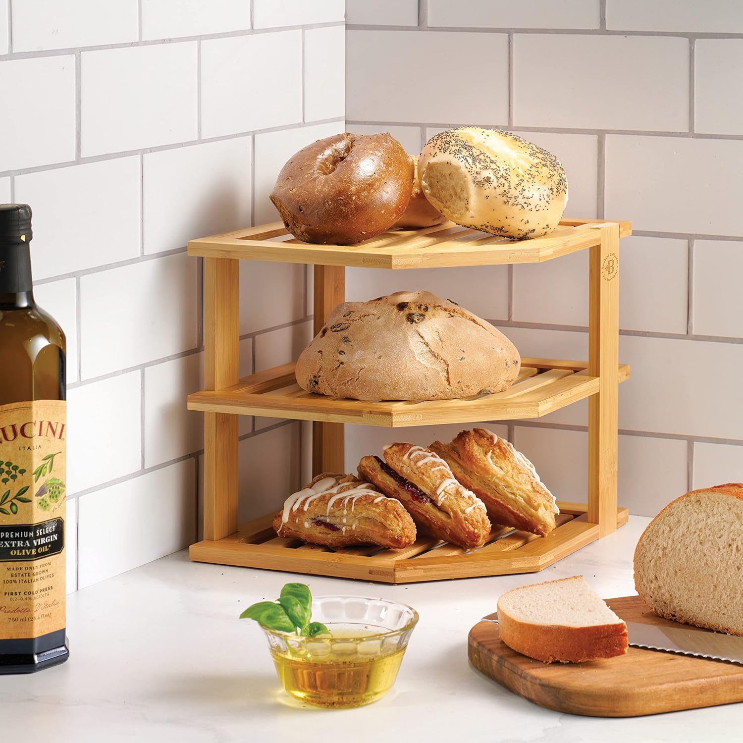 Plate organizer for cabinet, corner shelf, bamboo 3-tier kitchen organizer | kitchen cabinet organizer, corner countertop shelf, holds plates bowls mugs cups, kitchen organization, plate rack shelf - view 2