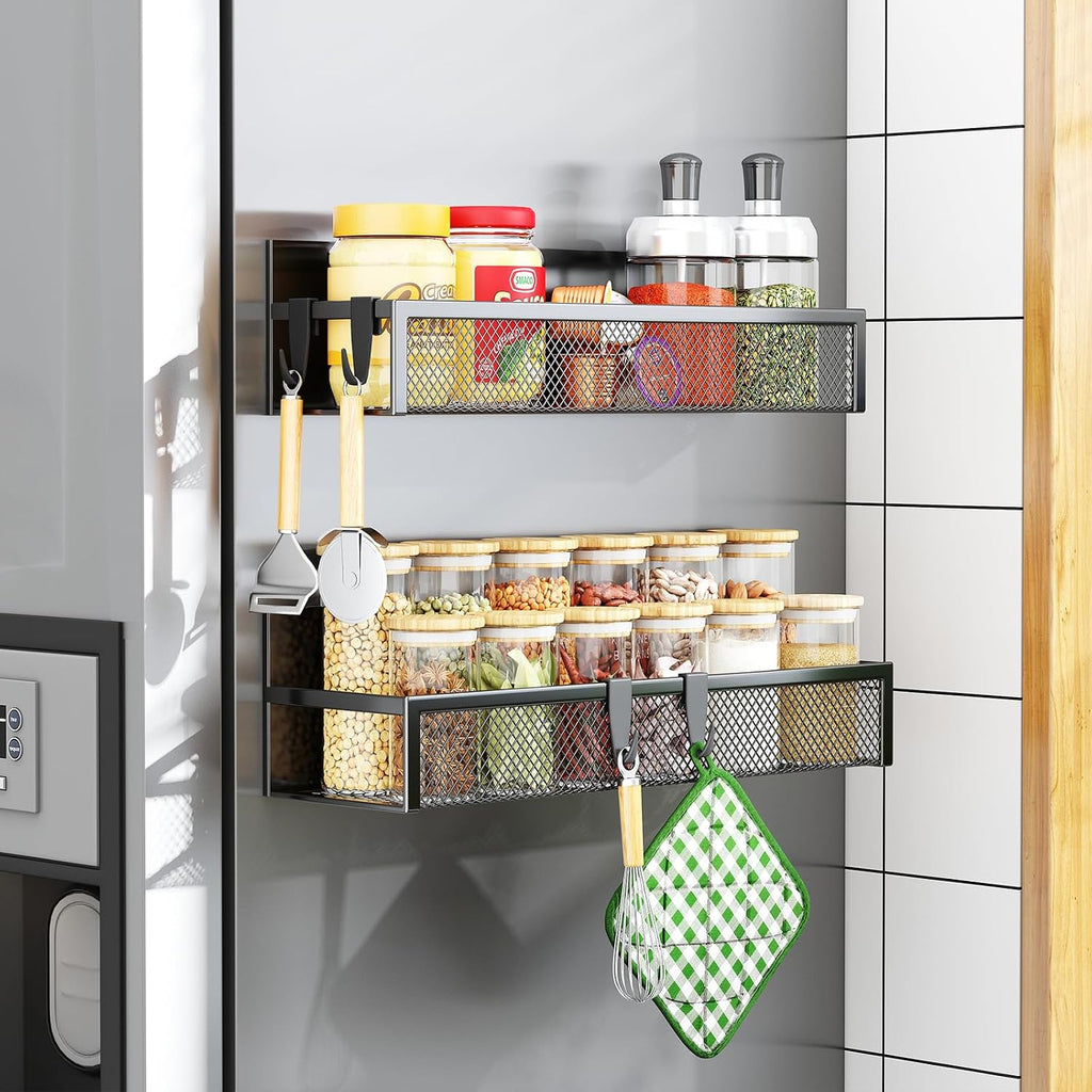 Magnetic spice rack for refrigerator, 2 pack magnetic shelf, fridge magnet organizer with moveable 4 hooks, magnetic fridge shelf for kitchen organization and storage (2 pack)