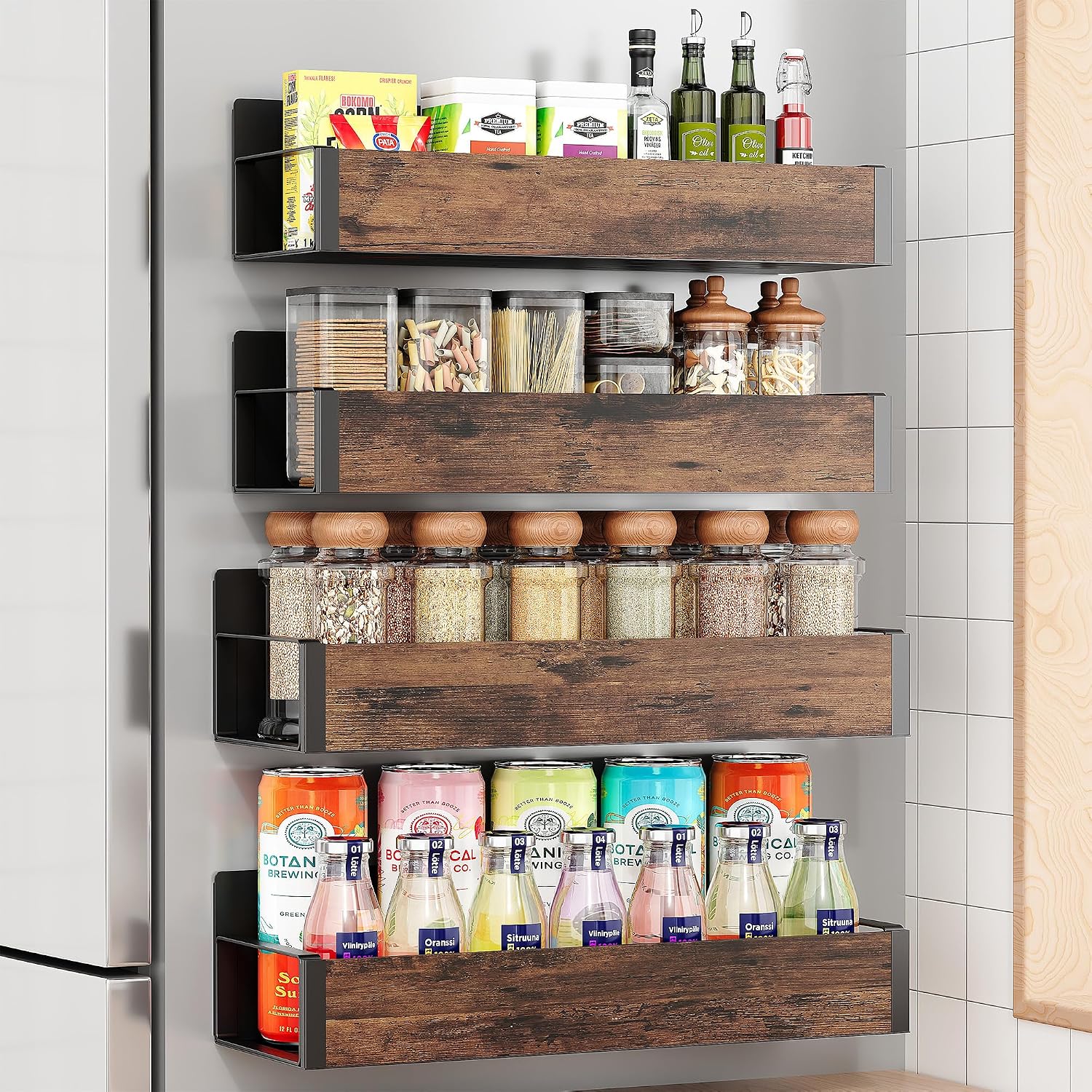 4 pack moveable fridge magnetic spice racks, metal (wood)