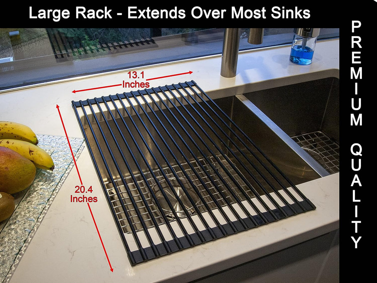 Roll Up Drying Rack Black Multipurpose, 20.4x13.1 Inches, Silicone Coated Solid Stainless Rods, Dish Racks, Sink Cover for Counter Space, Small Kitchen, RV, and Apartment Must Haves - view 3