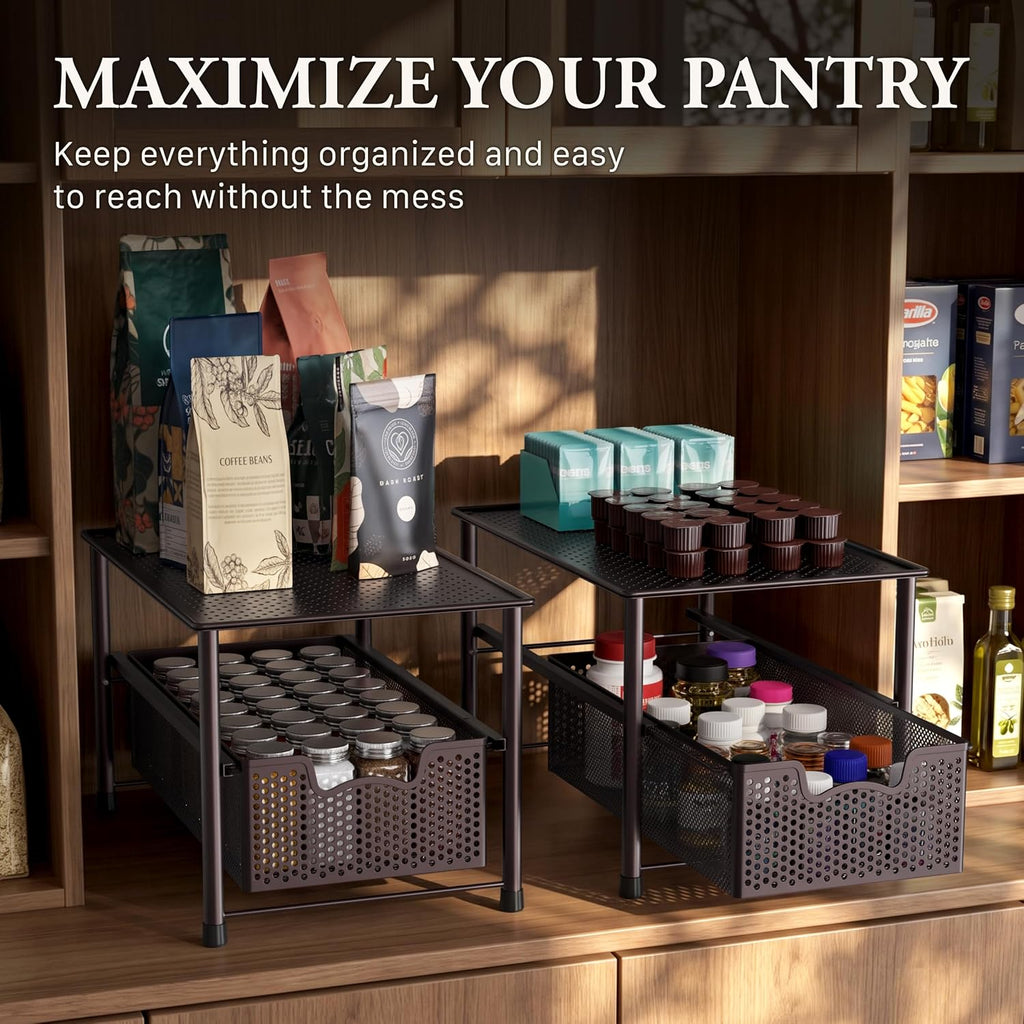 Stackable Under Sink Sliding Basket Drawer, Brown | Perforated Free Standing Organizer, Kitchen/Pantry/Cabinet/Counter - view 7