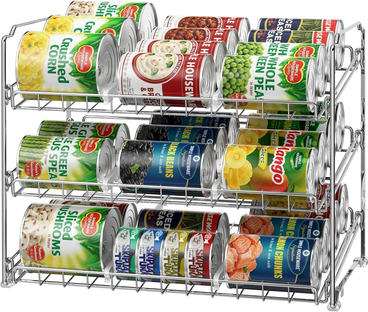3-Tier Stackable Can Organizer Rack Hold 36 Cans, Chrome | Can Food Storage Dispenser for Pantry/Cabinet, Adjustable Dividers – 11.5" D x 17" W x 13.75" H