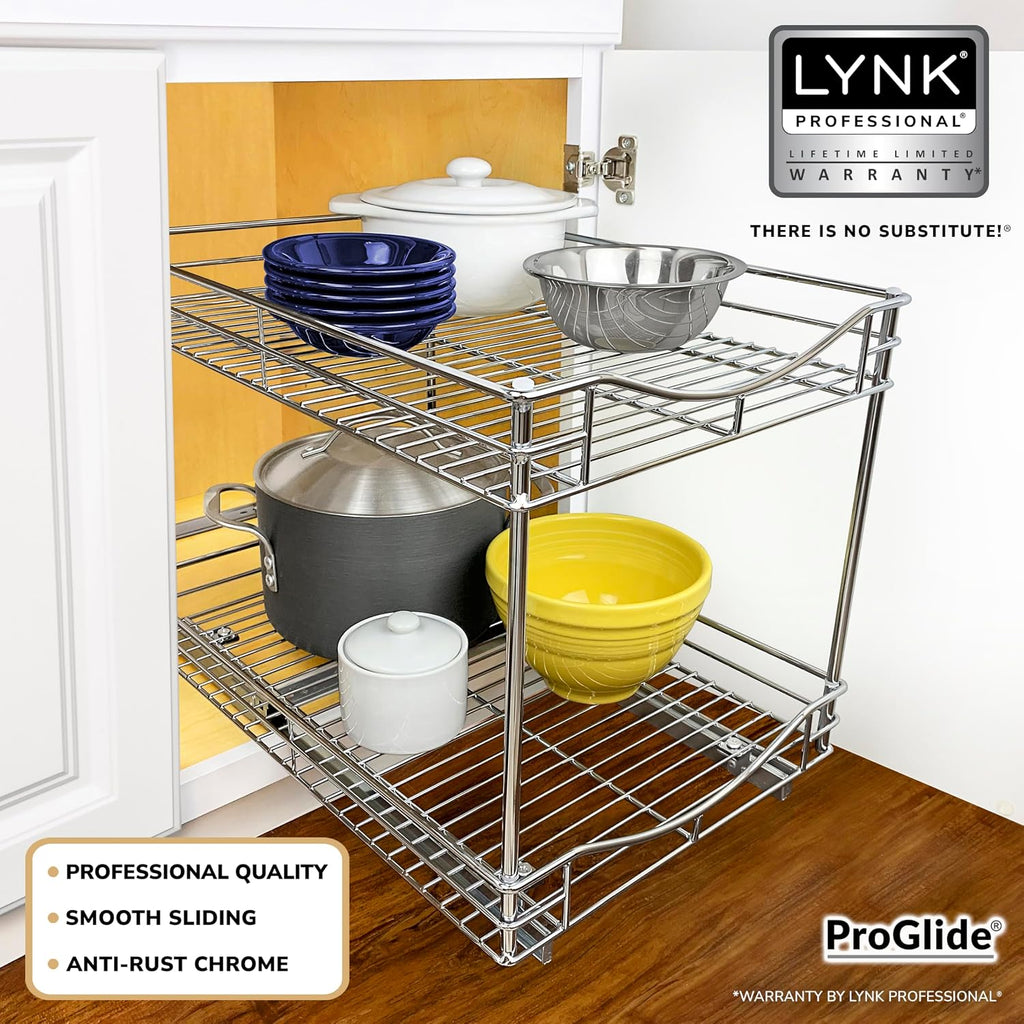 Pull Out Cabinet Organizer, 2-Tier Slide Out Drawer | 14W x 21D chrome 2-Tier pull-out shelves add easy-access storage for pots, pans, cookware and kitchen essentials in cabinets - view 2