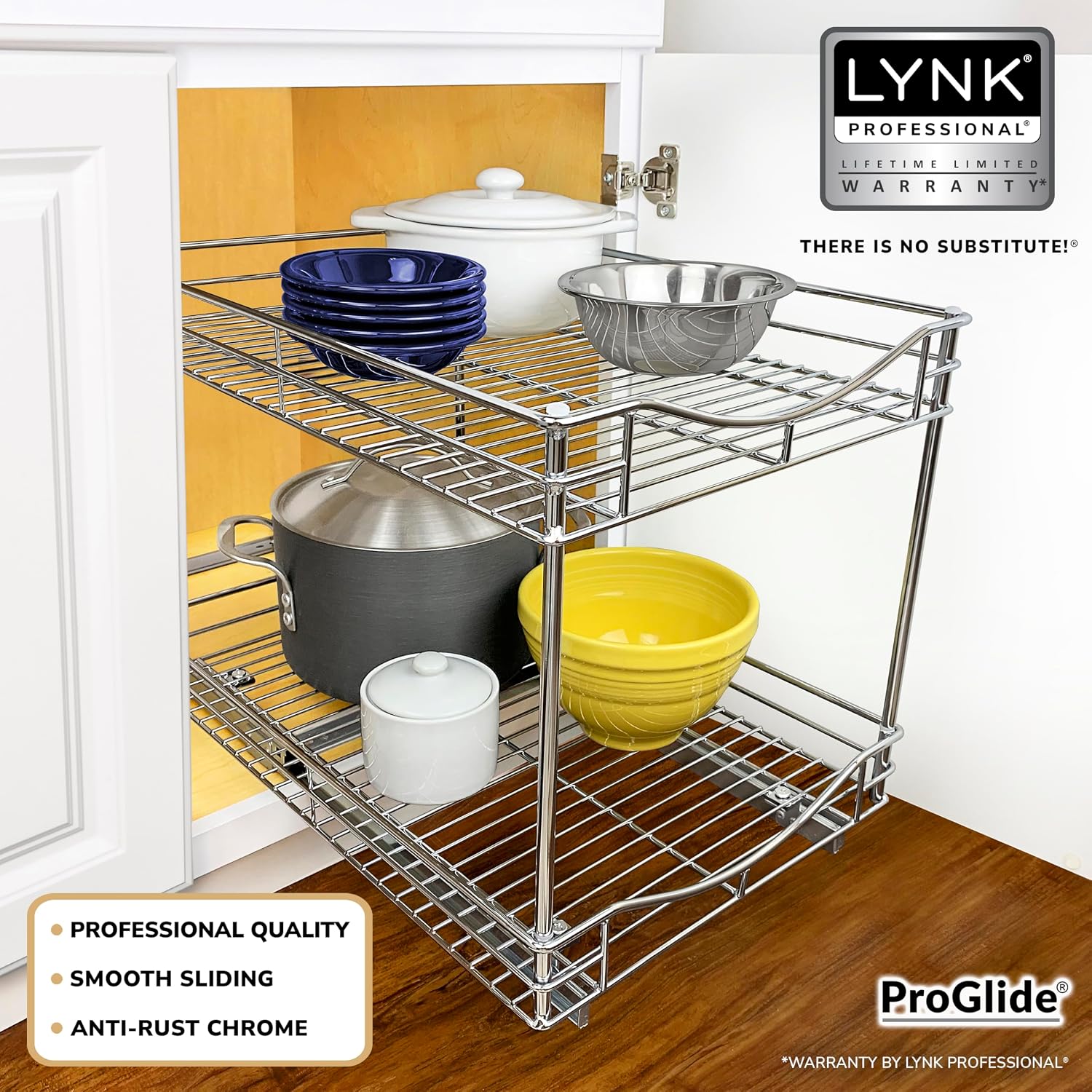 Pull Out Cabinet Organizer, 2-Tier Slide Out Drawer | 14W x 21D chrome 2-Tier pull-out shelves add easy-access storage for pots, pans, cookware and kitchen essentials in cabinets - view 2