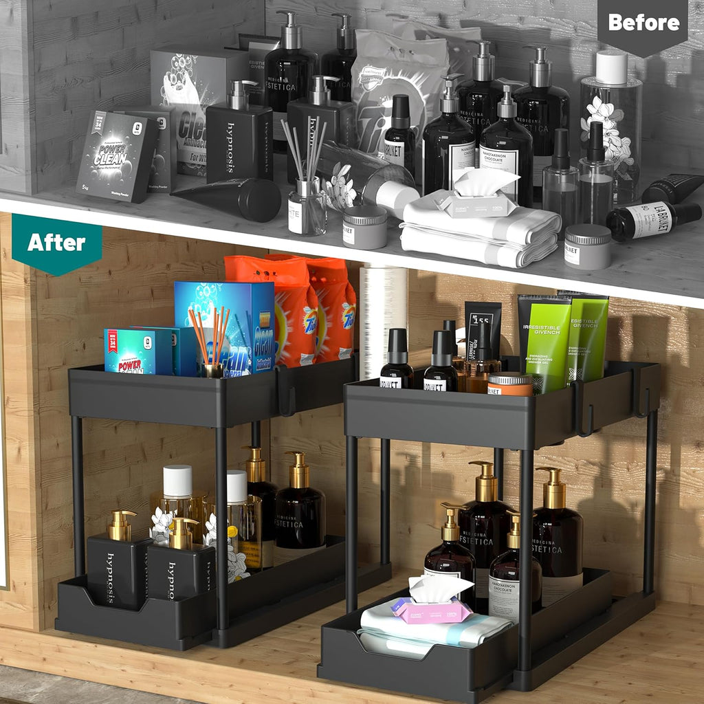 Under Sink Organizer 2 Pack, Bathroom Cabinet Organizer, 2 Tier Sliding Cabinet Basket Organizer Drawer, Multi-Purpose Bath Collection Baskets for Bathroom (Black) - view 5