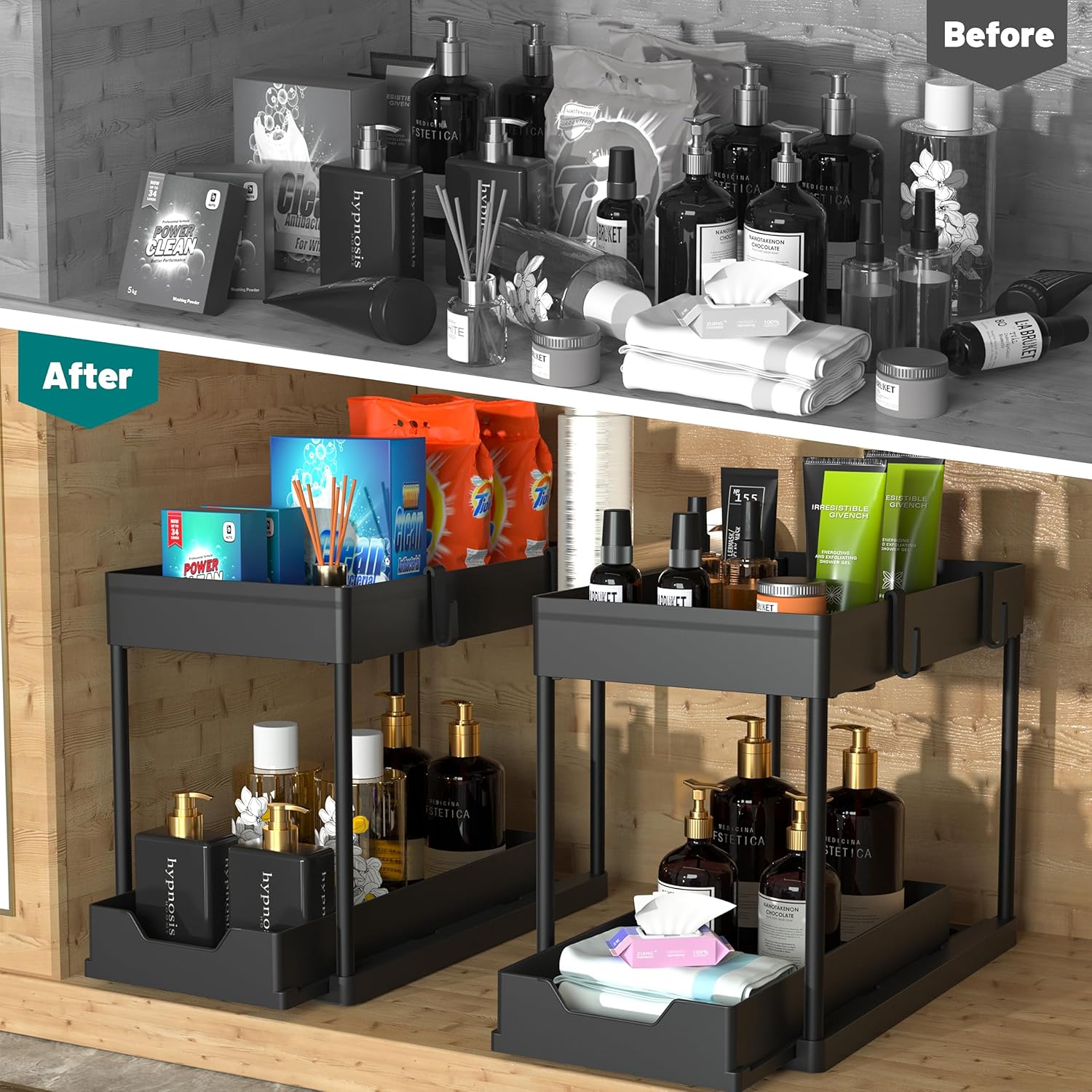 Under Sink Organizer 2 Pack, Bathroom Cabinet Organizer, 2 Tier Sliding Cabinet Basket Organizer Drawer, Multi-Purpose Bath Collection Baskets for Bathroom (Black) - view 5