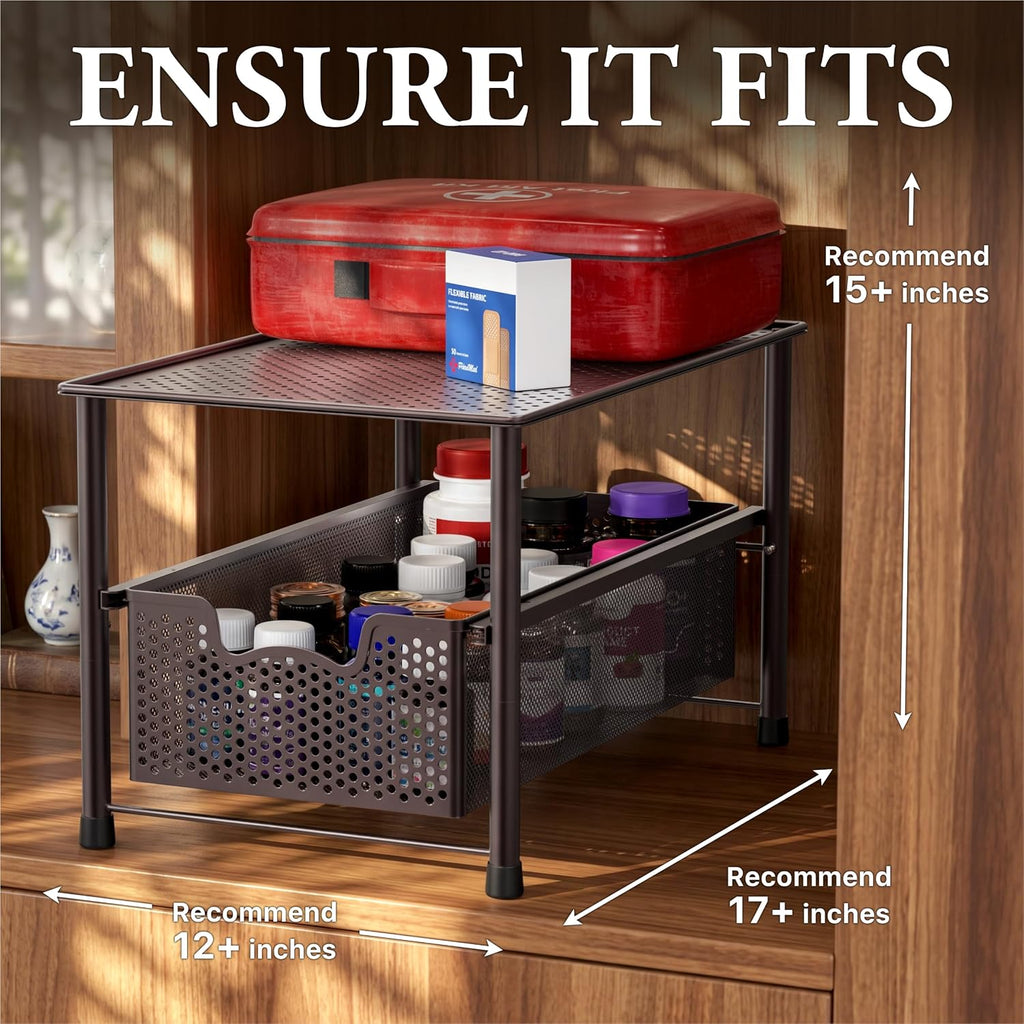 Stackable Under Sink Sliding Basket Drawer, Brown | Perforated Free Standing Organizer, Kitchen/Pantry/Cabinet/Counter - view 3
