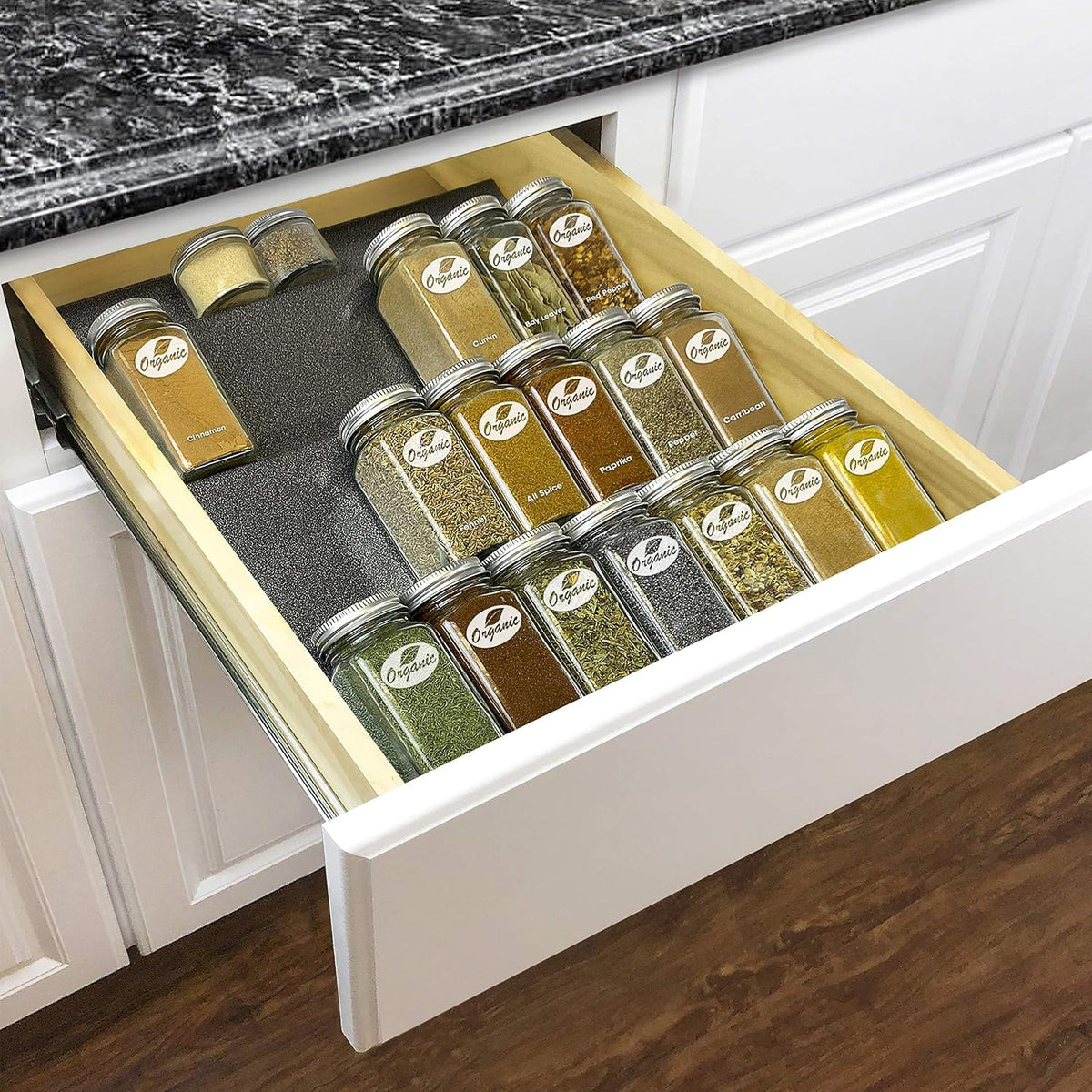 Spice Drawer Organizer - Heavy Gauge Steel 4 Tier Rack - Drawer Insert Tray for Jars, Herbs and Seasoning - Kitchen Cabinet Storage - Silver Metallic, Large - view 8