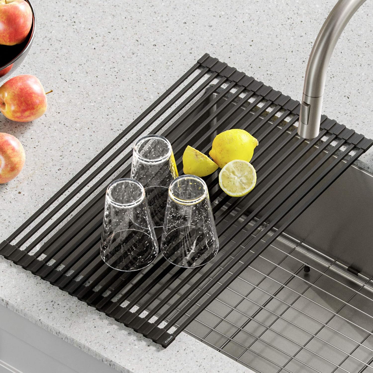 Kraus Multipurpose Over-Sink Roll-Up Dish Drying Rack, Colander and Trivet in Dark Grey, KRM-10DG - view 2