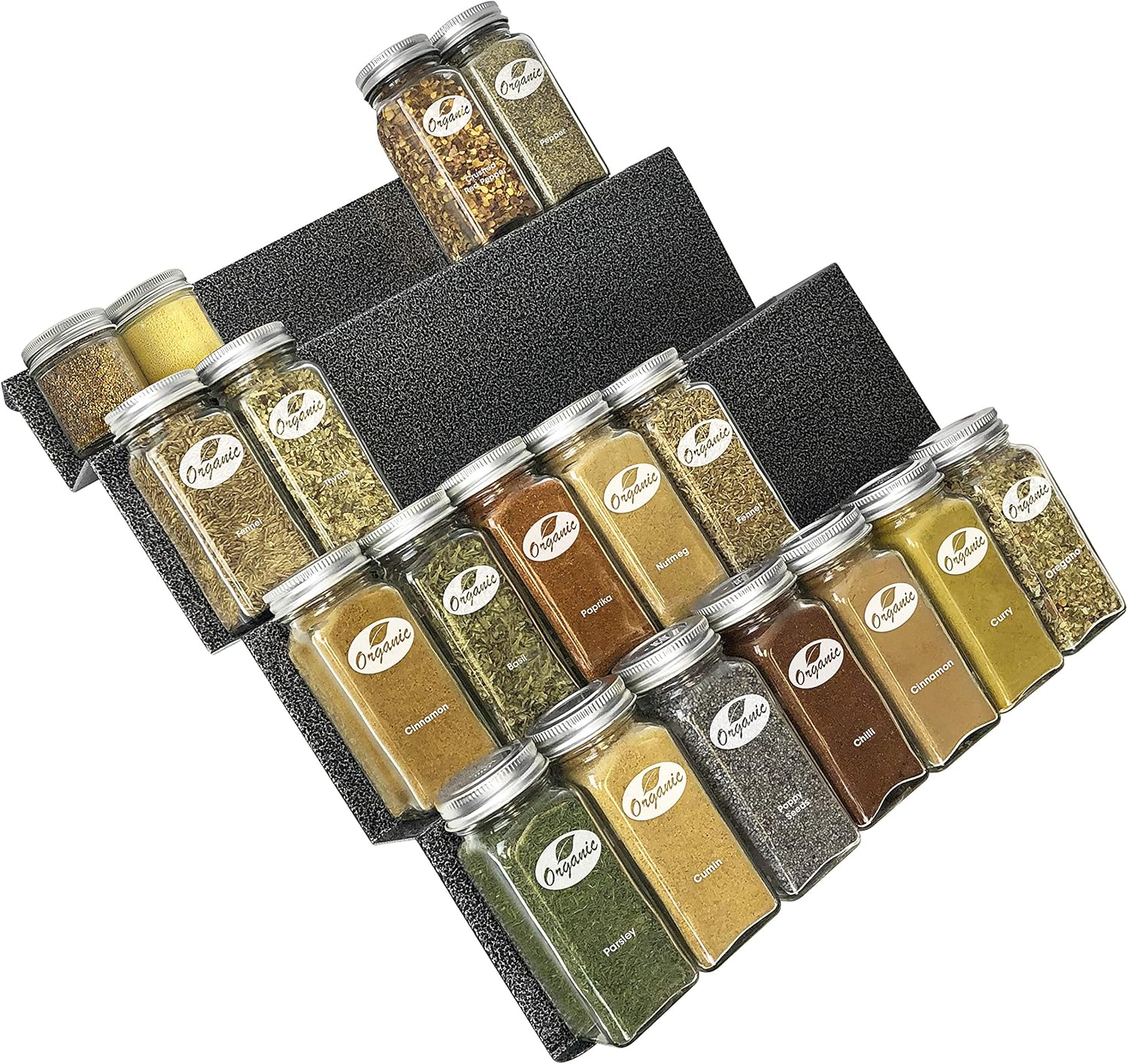 Spice Drawer Organizer - Heavy Gauge Steel 4 Tier Rack - Drawer Insert Tray for Jars, Herbs and Seasoning - Kitchen Cabinet Storage - Silver Metallic, Large - view 3