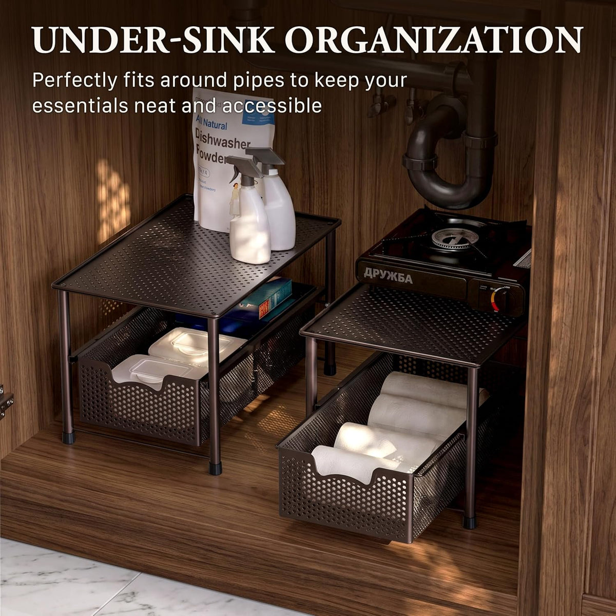 Stackable Under Sink Sliding Basket Drawer, Brown | Perforated Free Standing Organizer, Kitchen/Pantry/Cabinet/Counter - view 6