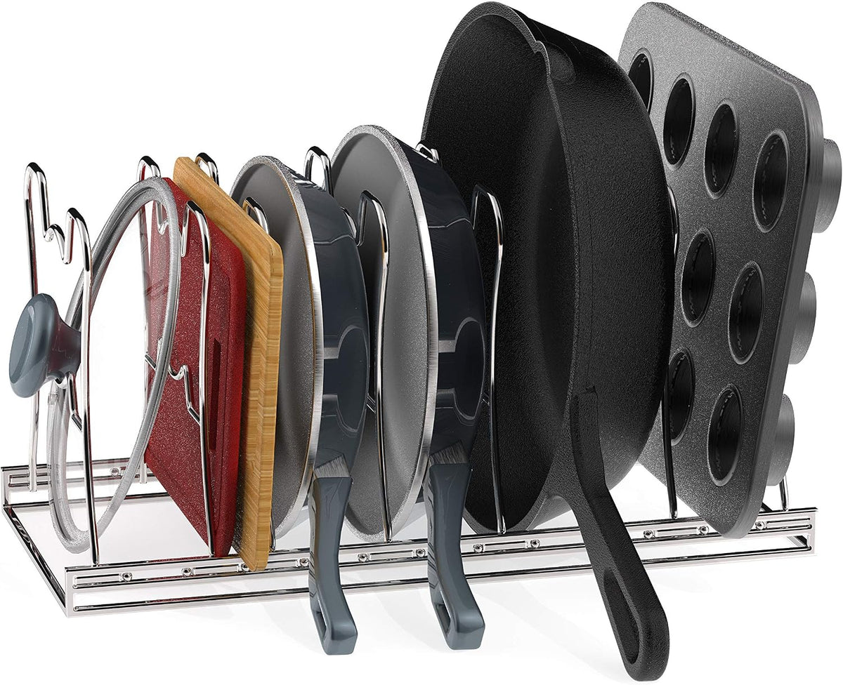 7 Adjustable Compartments Pot and Pan Organizer Rack Lid Holder, Chrome