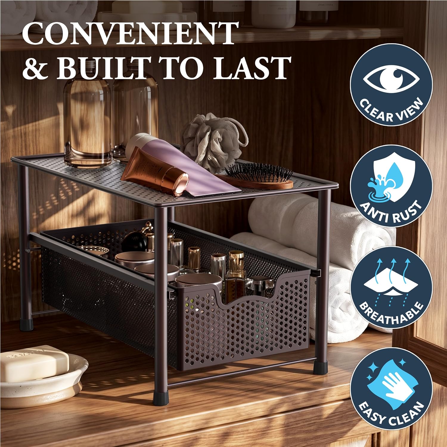 Stackable Under Sink Sliding Basket Drawer, Brown | Perforated Free Standing Organizer, Kitchen/Pantry/Cabinet/Counter - view 5