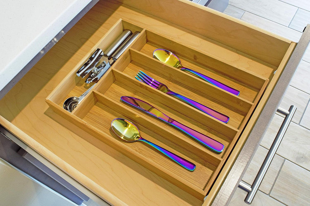 Drawer Organizer 100% Organic Bamboo| Premium Cutlery and Utensil Tray| Perfect For The Kitchen, Bathroom, Desk, etc.| Kitchen Drawer Divider with 5 Compartments - view 4