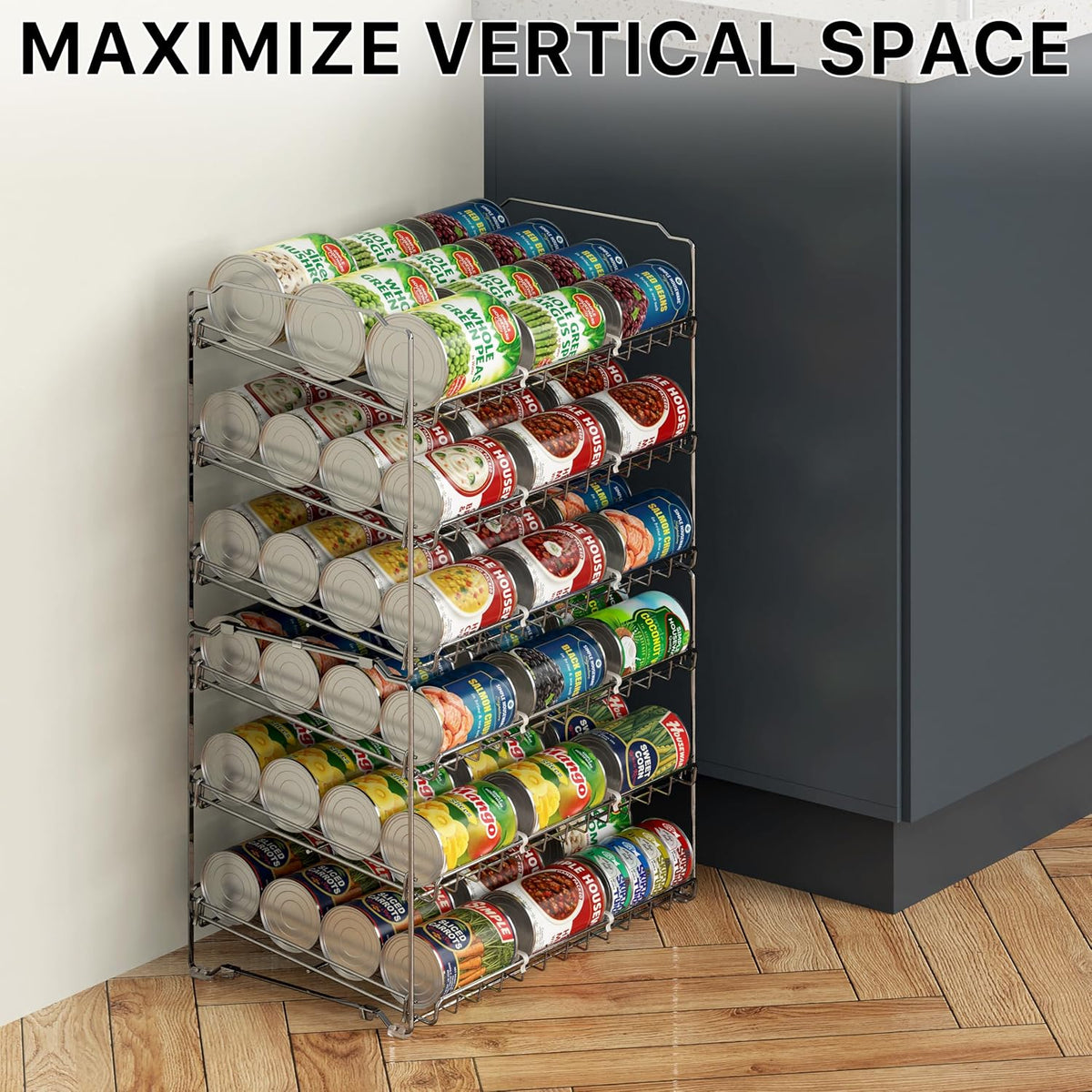 3-Tier Stackable Can Organizer Rack Hold 36 Cans, Chrome | Can Food Storage Dispenser for Pantry/Cabinet, Adjustable Dividers – 11.5" D x 17" W x 13.75" H - view 7