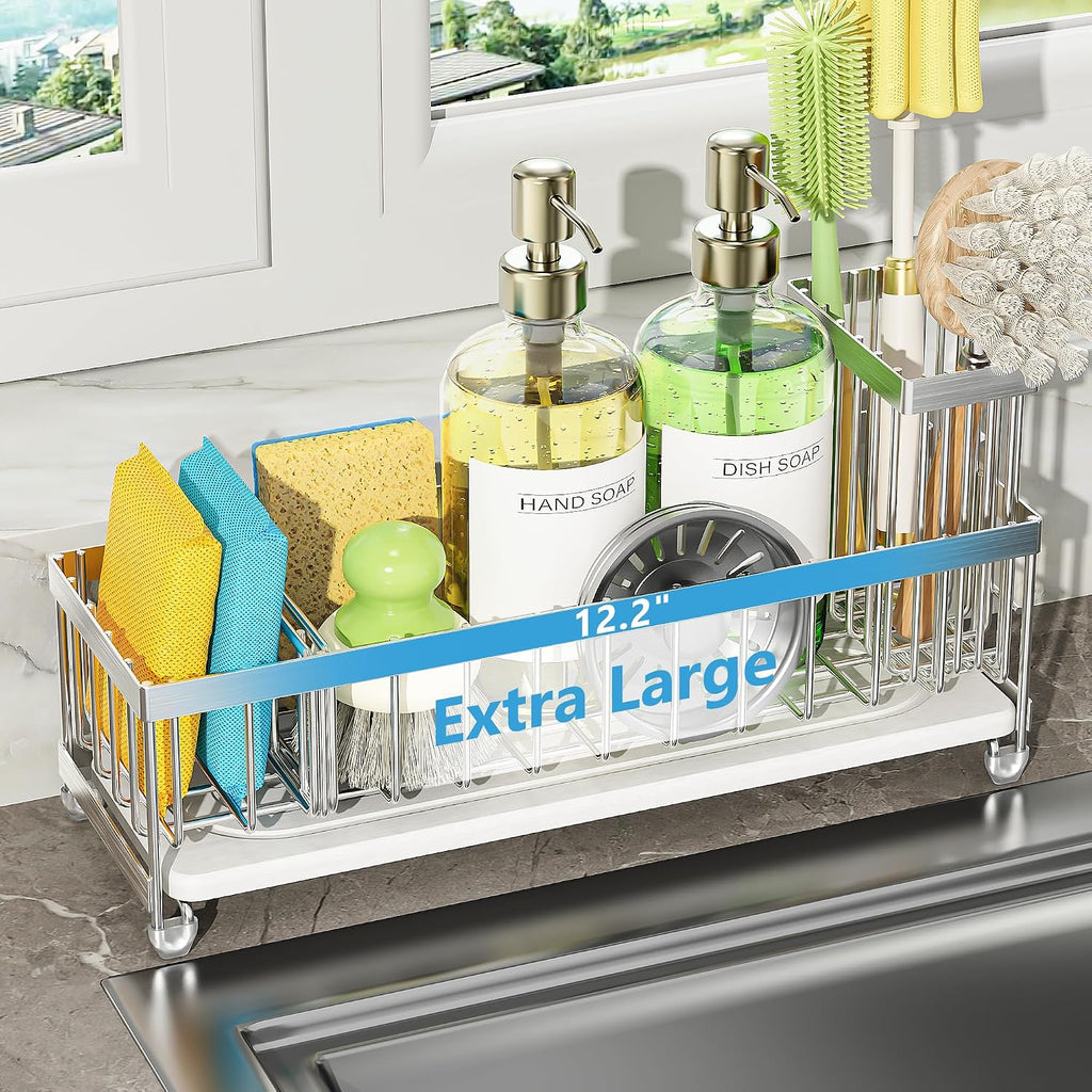 Extra Large Sink Caddy Organizer with Drying Stone, Black Sponge Holder for Kitchen, Dish Brush Holder for Countertop, Kitchen Decor Storage and Essentials - view 3