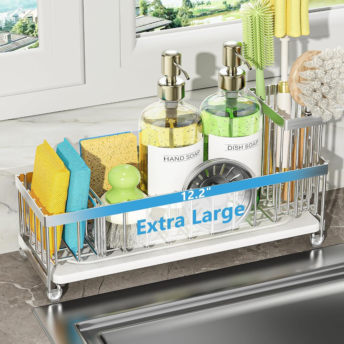 Extra Large Sink Caddy Organizer with Drying Stone, Black Sponge Holder for Kitchen, Dish Brush Holder for Countertop, Kitchen Decor Storage and Essentials - view 3