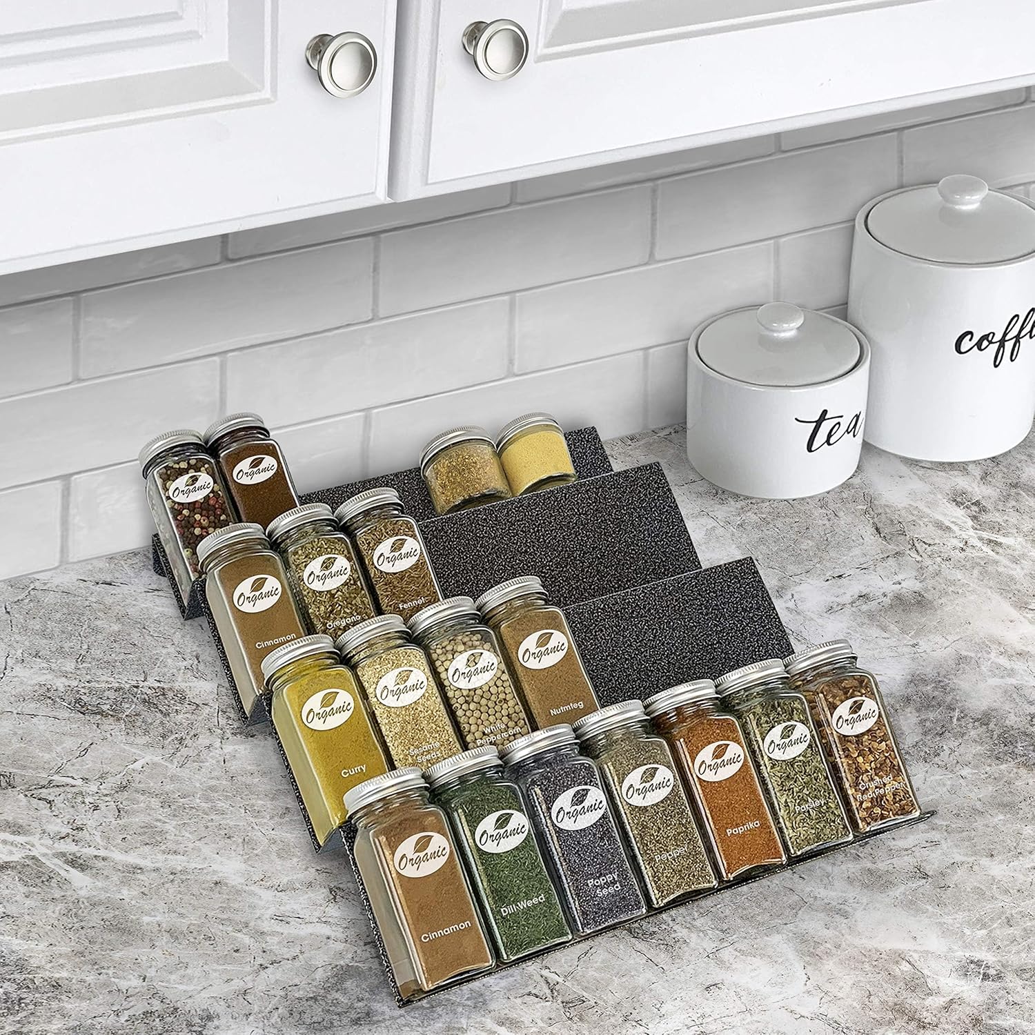 Spice Drawer Organizer - Heavy Gauge Steel 4 Tier Rack - Drawer Insert Tray for Jars, Herbs and Seasoning - Kitchen Cabinet Storage - Silver Metallic, Large - view 2