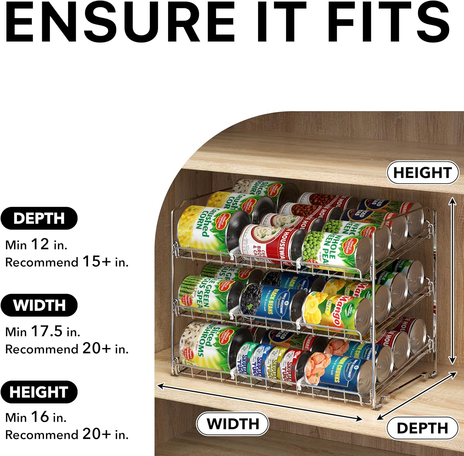 3-Tier Stackable Can Organizer Rack Hold 36 Cans, Chrome | Can Food Storage Dispenser for Pantry/Cabinet, Adjustable Dividers – 11.5" D x 17" W x 13.75" H - view 4