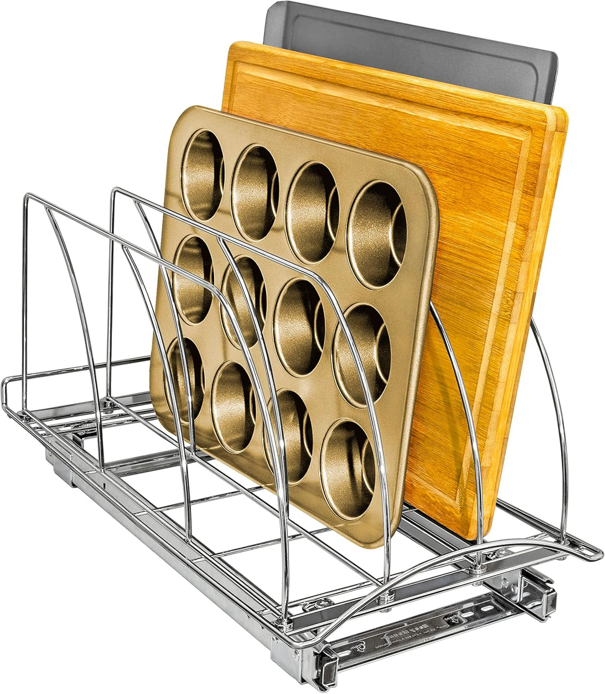 Pull Out Cookie Sheet Organizer for Cabinet – Baking Sheet Organizer – Sheet Pan Organizer - Lifetime Ltd. Warranty – 10” x 21” Deep Inside Cabinet, Chrome