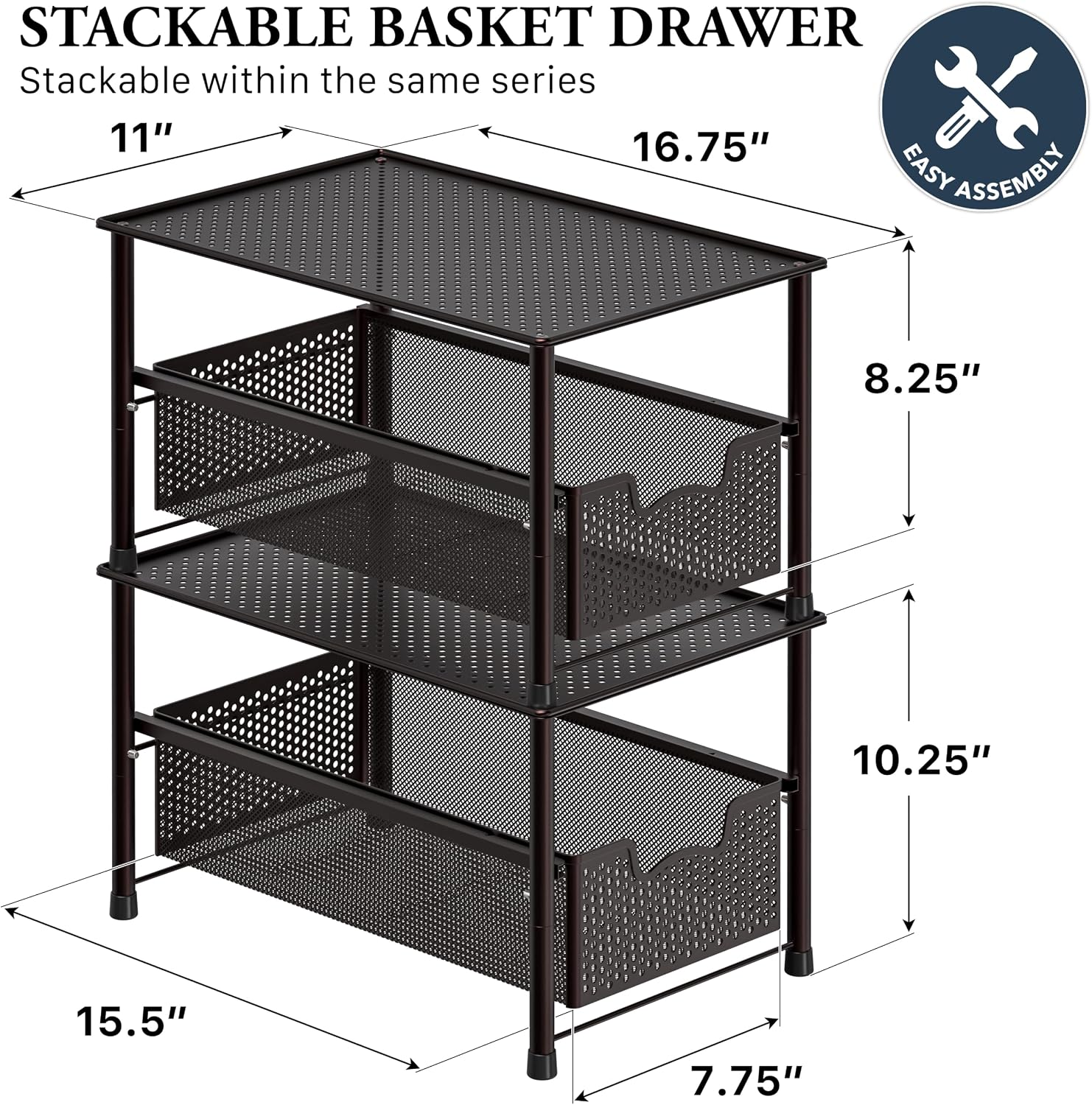 Stackable Under Sink Sliding Basket Drawer, Brown | Perforated Free Standing Organizer, Kitchen/Pantry/Cabinet/Counter - view 2