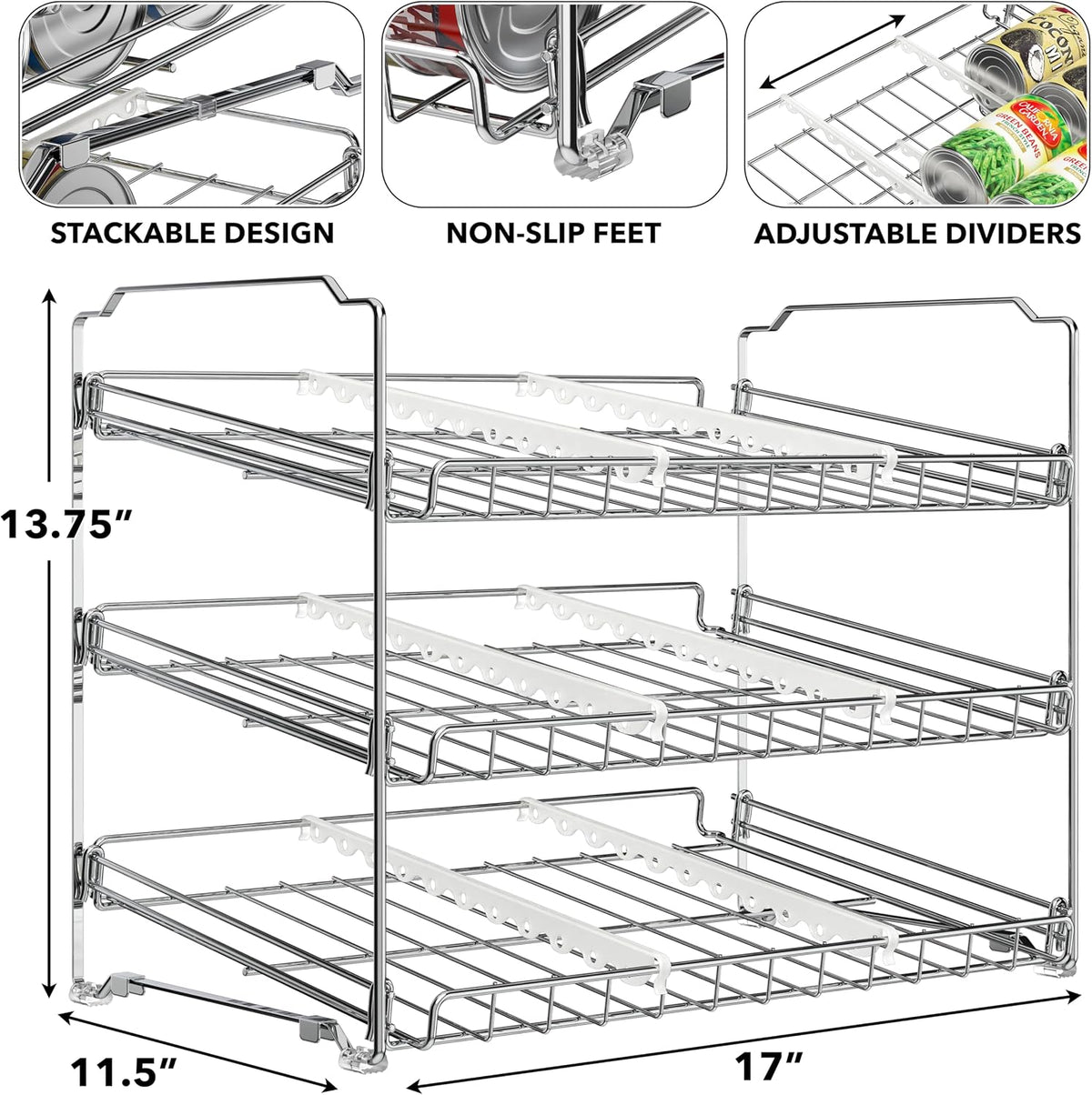 3-Tier Stackable Can Organizer Rack Hold 36 Cans, Chrome | Can Food Storage Dispenser for Pantry/Cabinet, Adjustable Dividers – 11.5" D x 17" W x 13.75" H - view 3