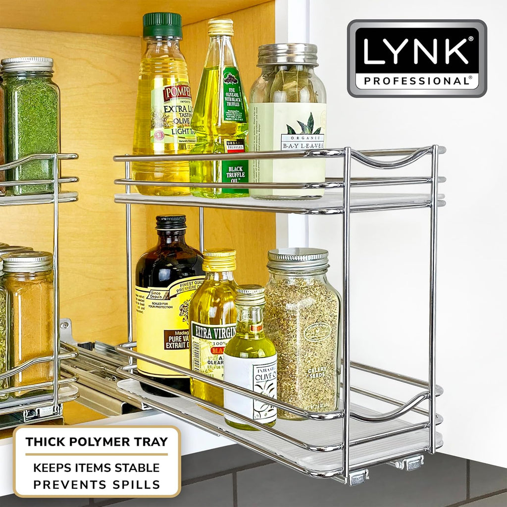 LYNK PROFESSIONAL Pull Out Spice Organization for Cabinets - 4-3/8 inch Wide – Spice Rack for Inside Cabinets, Slide Out Spice Rack Organizer for cabinet – Pull Out Spice Rack, Sliding 2 Tier Chrome - view 6