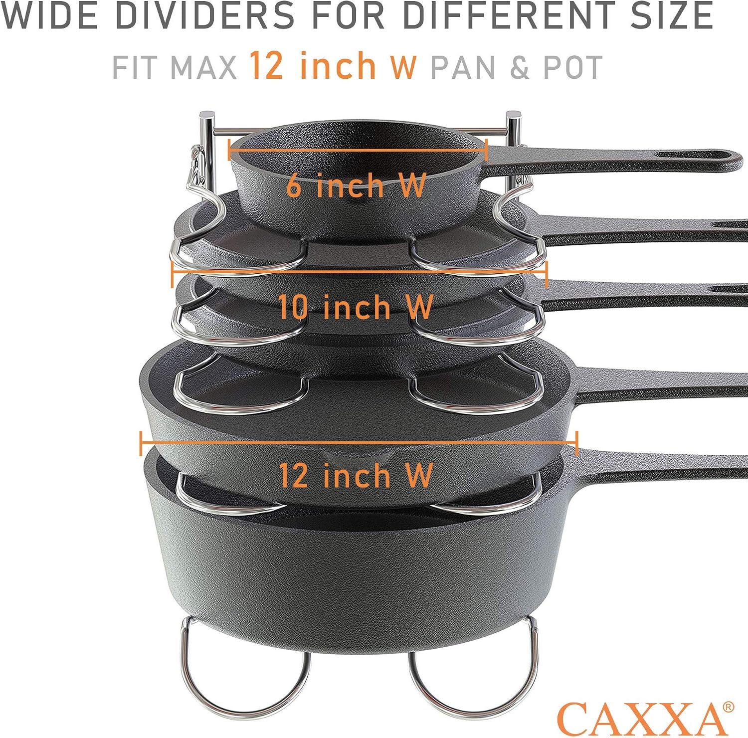 Heavy Duty Pan Rack, Pot Lid Rack, Kitchen Cabinet Pantry Cookware Organizer Rack Holder with 5 Adjustable Dividers, Chrome - view 3