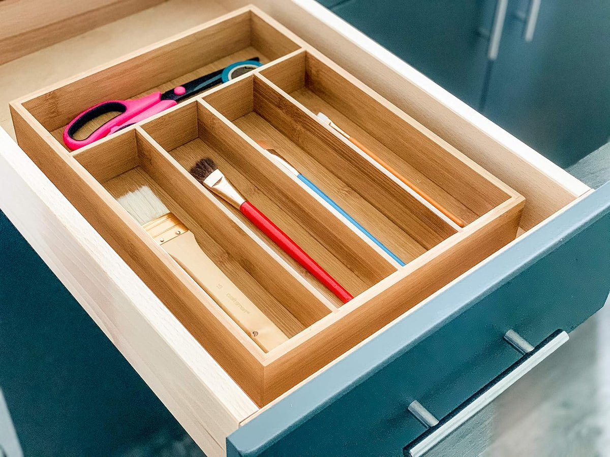 Drawer Organizer 100% Organic Bamboo| Premium Cutlery and Utensil Tray| Perfect For The Kitchen, Bathroom, Desk, etc.| Kitchen Drawer Divider with 5 Compartments - view 3