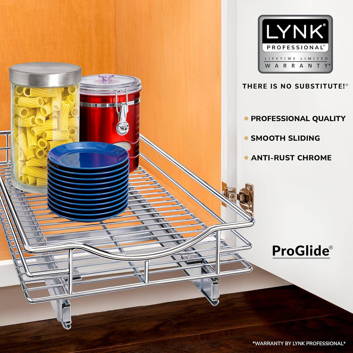 LYNK PROFESSIONAL Pull Out Cabinet Organizer, 11" x 21" Slide Out Cabinet Organizer Pull Out Drawer – Pull Out Shelves for Kitchen Cabinets – Under Sink Organizers - Lifetime Ltd. Warranty, Chrome - view 2