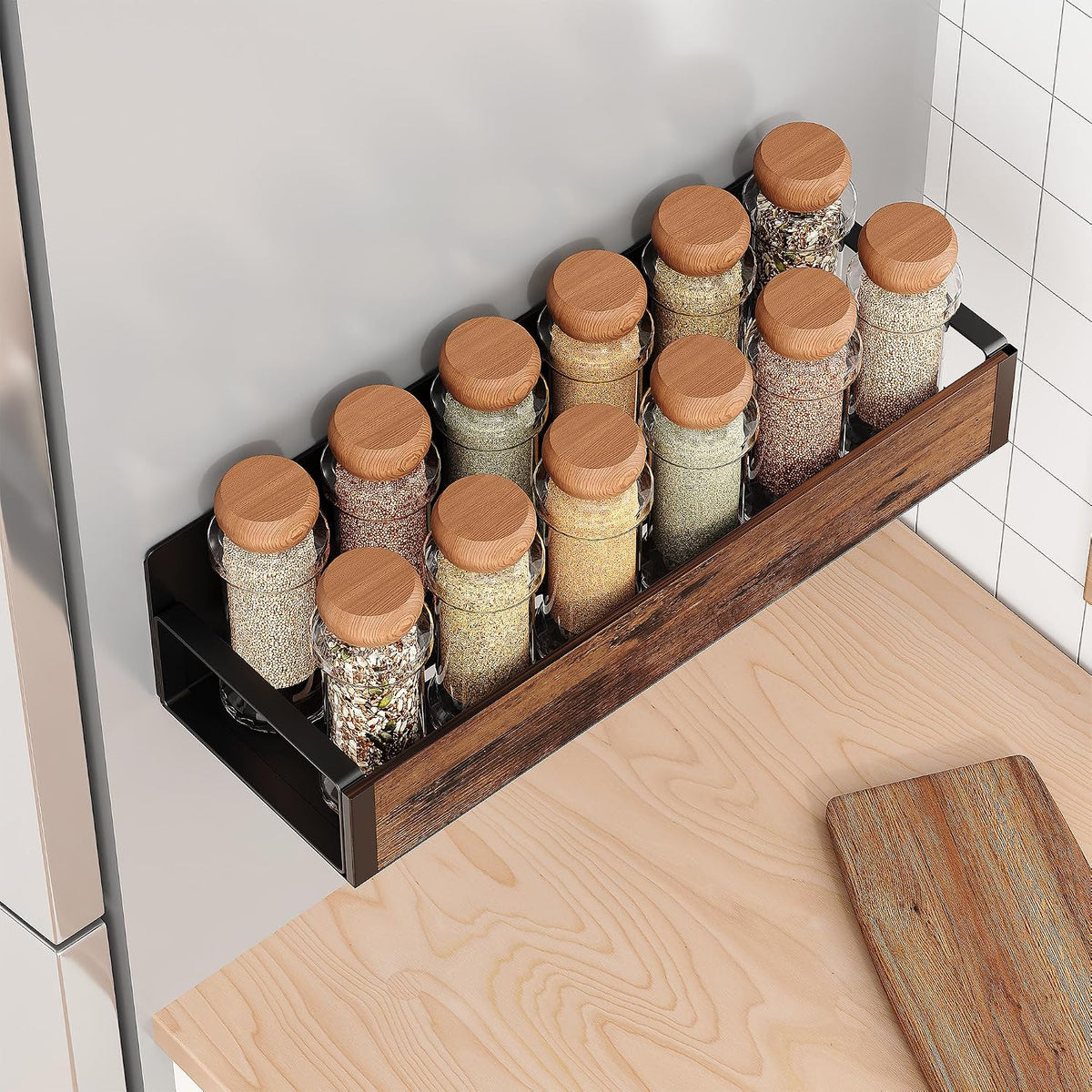 4 pack moveable fridge magnetic spice racks, metal (wood) - view 5