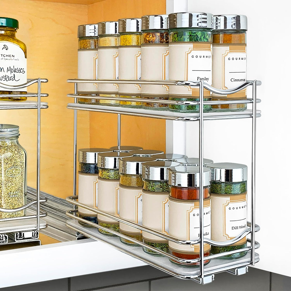 LYNK PROFESSIONAL Pull Out Spice Organization for Cabinets - 4-3/8 inch Wide – Spice Rack for Inside Cabinets, Slide Out Spice Rack Organizer for cabinet – Pull Out Spice Rack, Sliding 2 Tier Chrome