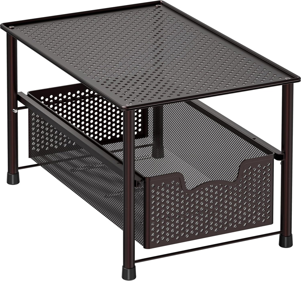 Stackable Under Sink Sliding Basket Drawer, Brown | Perforated Free Standing Organizer, Kitchen/Pantry/Cabinet/Counter